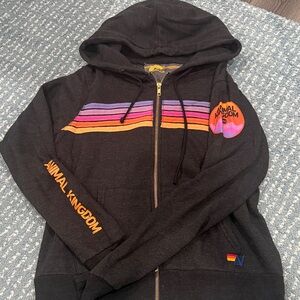 Aviator Nation Black Zip Hoodie with Orange Pink Purple Stripe & Logo